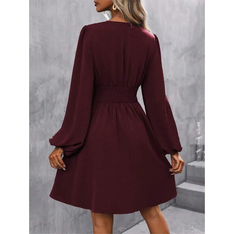 Surplice Neck Lantern Sleeve Ruched Waist Dress Fall Cloth For Women summer Dress