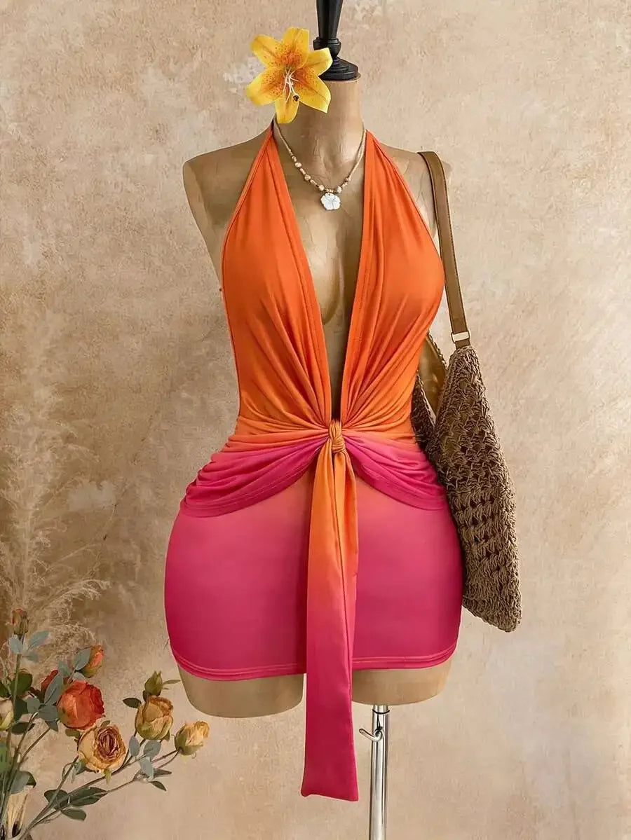 Womens Ombre Gradient Deep V-Neck Halter Mini Dress Beach Club Outfit Summer