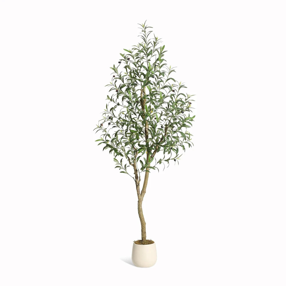 Olive Trees Artificial Indoor, 5-7ft Tall Faux Silk Plant - Fake Potted Tree with White Planter, Artificial Plants for Home Offi
