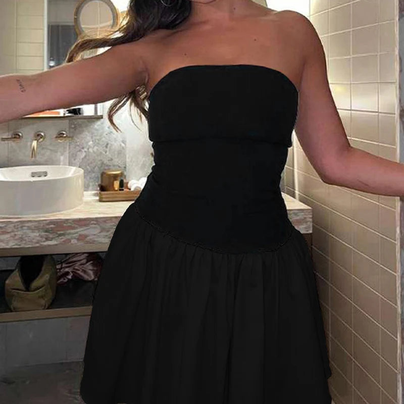 Women A-Line Dress Sexy Party Women Dress Mini Dress Off Shoulder Strapless Patchwork Black Club Party Summer