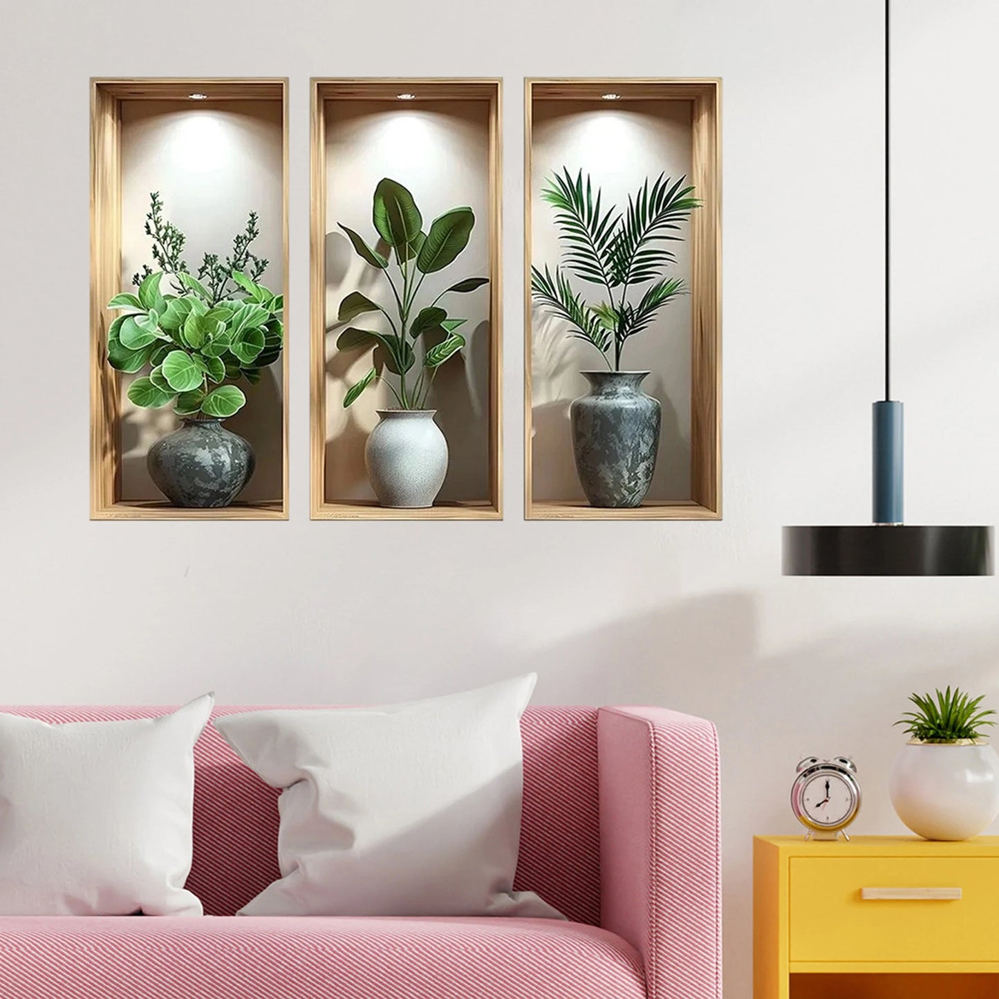 Tropical Jungle Theme Wall Decal Set with 3D Potted Plants Green Palm Leaves and Devil s Ivy for Home or Office Decor
